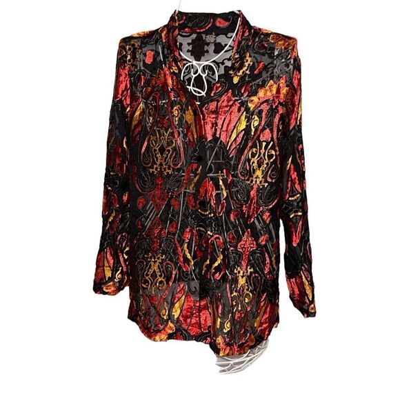 Beautiful women NYPL Button Up Sheer Floral Red Blouse Rayon size medium Long Sl - Picture 2 of 8